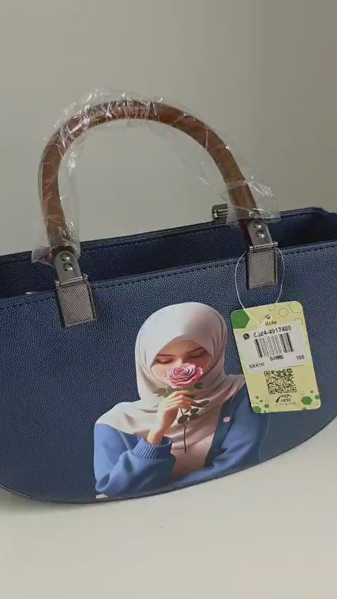 blue Canvas Handbag with Portrait Art Print