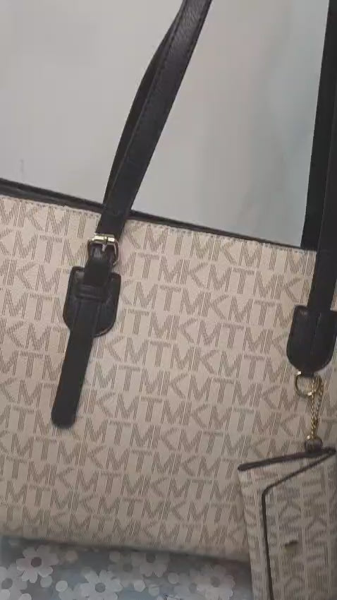 Cream Logo Print Tote Bag with Wallet Set