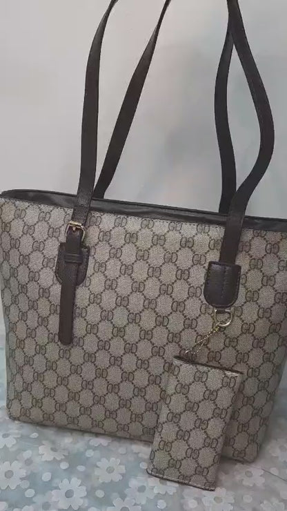 Beige Monogram Canvas Tote Bag with Wallet Set