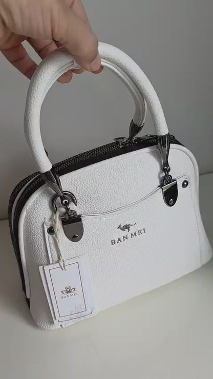Elegant BAN MEI White Leather Handbag with Silver Hardware - Premium Tote Bag