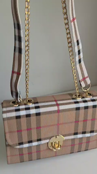 Classic Plaid Handbag with Gold Chain Strap