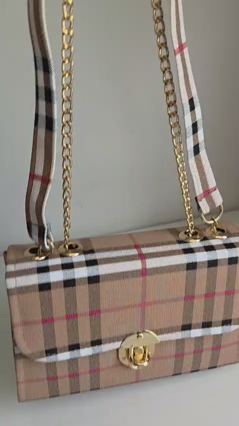 Classic Plaid Handbag with Gold Chain Strap