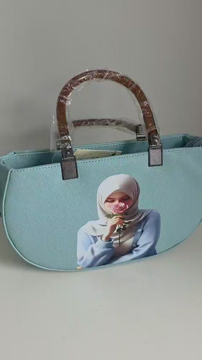 Light Blue Leather Handbag with Portrait Art Print
