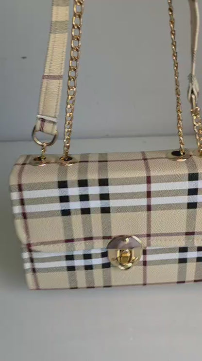 lassic Plaid Check Pattern Handbag with Gold Chain